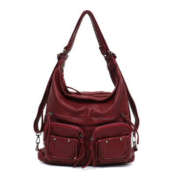 Kylethomasw Large Soft Casual Women Bags Functional Girl School Backpack PU Leather Bag Ladies Multi Pockets Messenger&Shoulder Bag